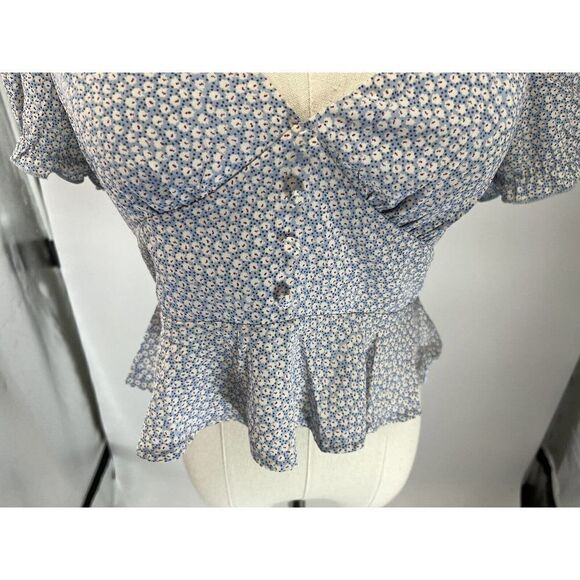 Princess Polly Blue Floral Crop Top Size 4 Small Puff Sleeve Button Peplum Jamia - Picture 6 of 12